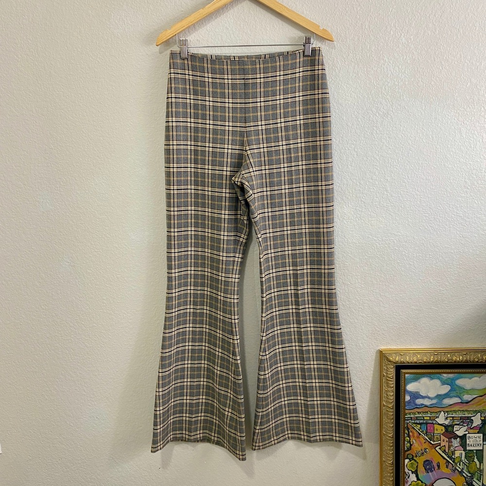 Tara Jarmon Paris Penina Plaid Flare Pants Gray Wool Blend High‎ Rise 30x32